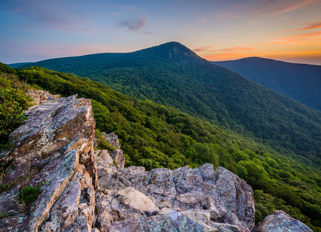 View of Hawksbill Mountain at sunset, from Crescent Rock, in Shenandoah Valley, Virginia