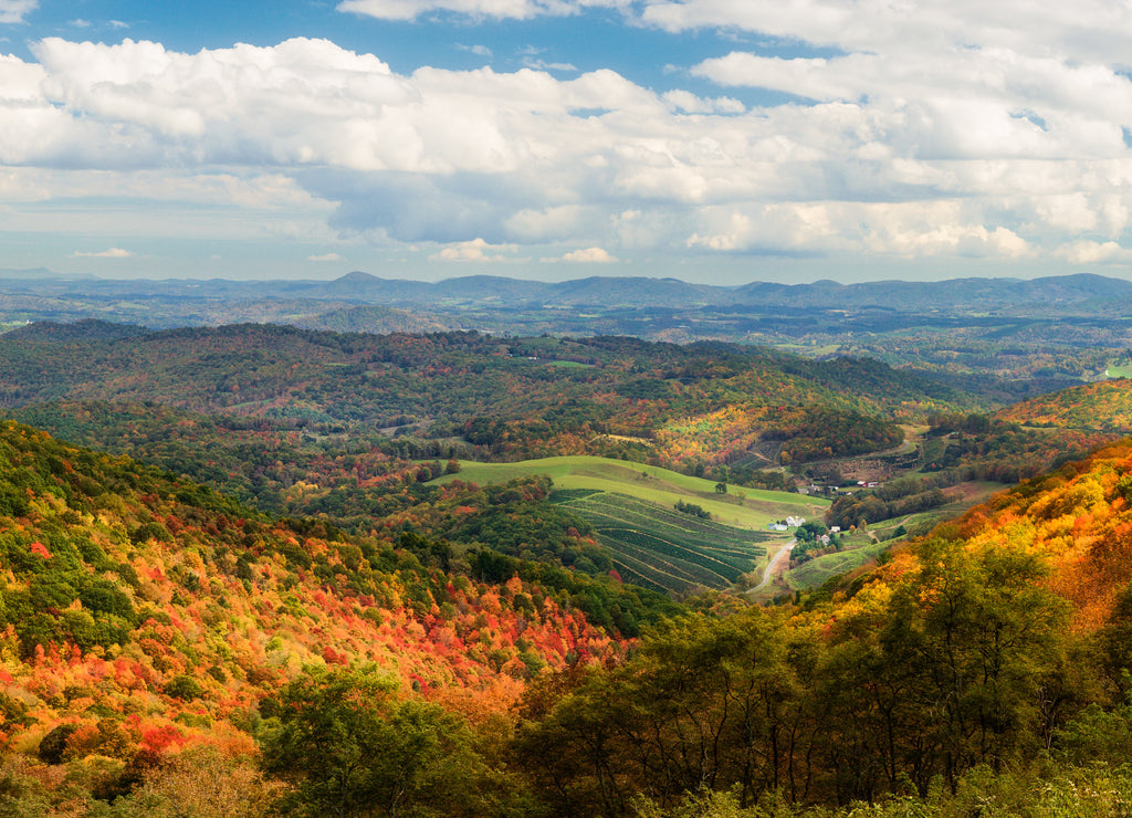 Autumn foliage at Grayson Highlands with farms in the valley Virginia State Park