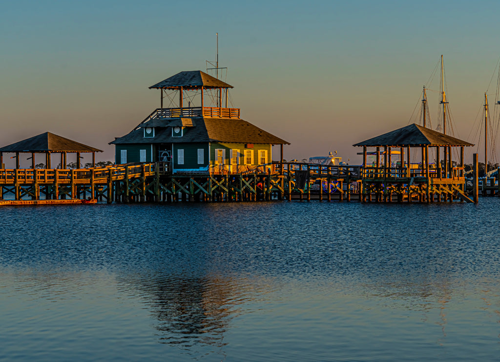 Pier plus covered picnic areas on the Gulf in Long Beach Mississippi area, late light