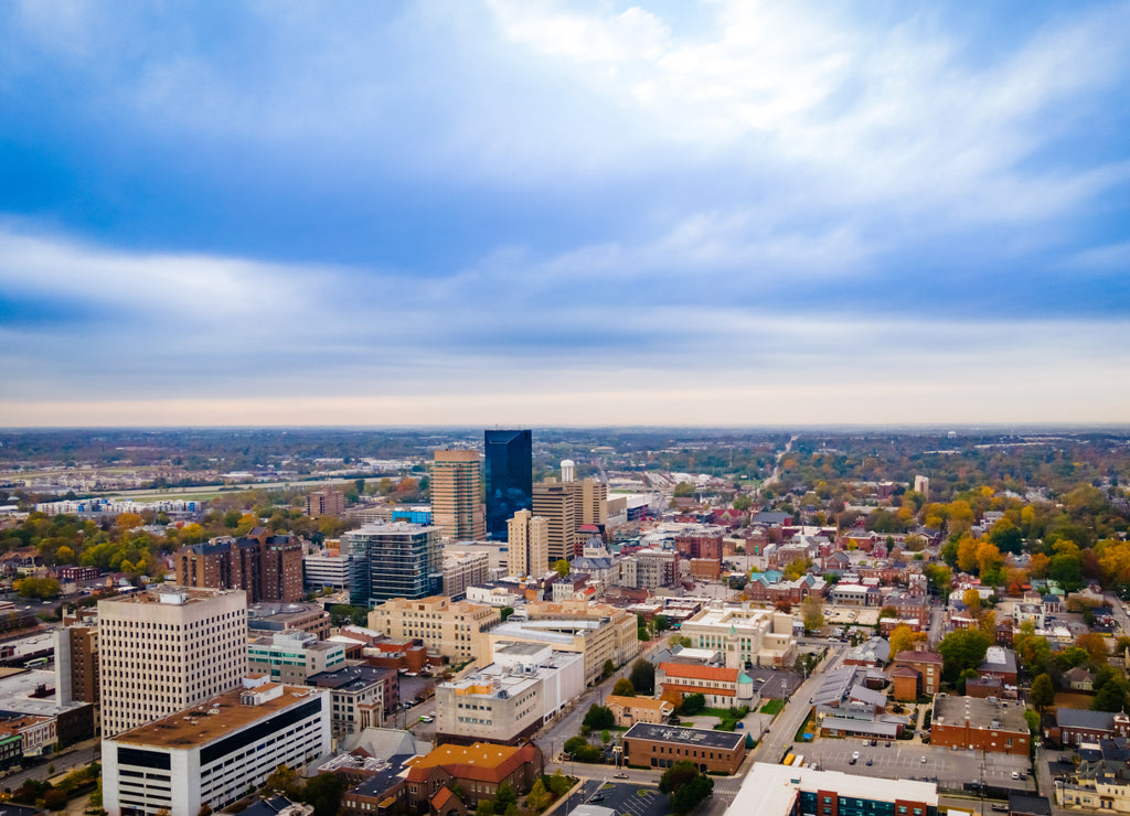 Aerial panorama of downtown Lexington, Kentucky with the business district on the foreground