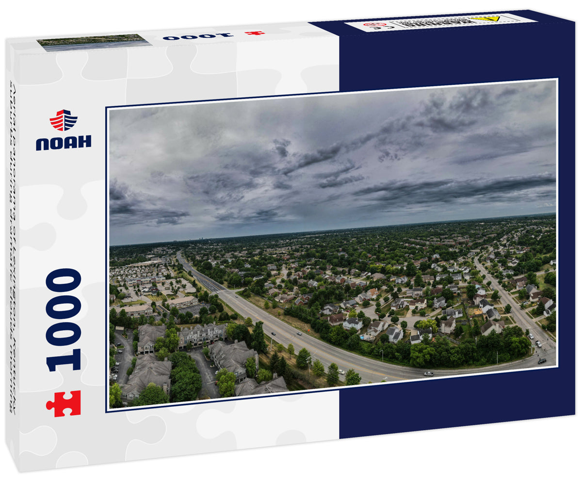 Aerial panorama of Lexington, Kentucky suburbs during dramatic clouds morning