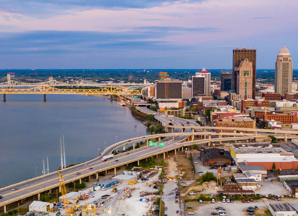 Aerial Perspective over Downtown Louisville Kentucky on the Ohio River