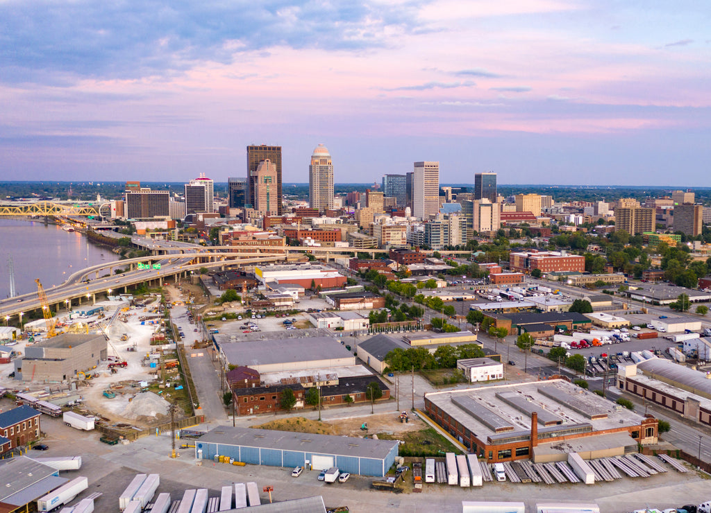 Aerial Perspective over Downtown Louisville Kentucky on the Ohio River