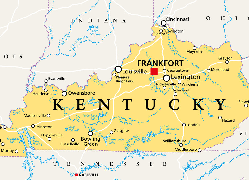 Kentucky, KY, political map with capital Frankfort and largest cities. Commonwealth of Kentucky. 