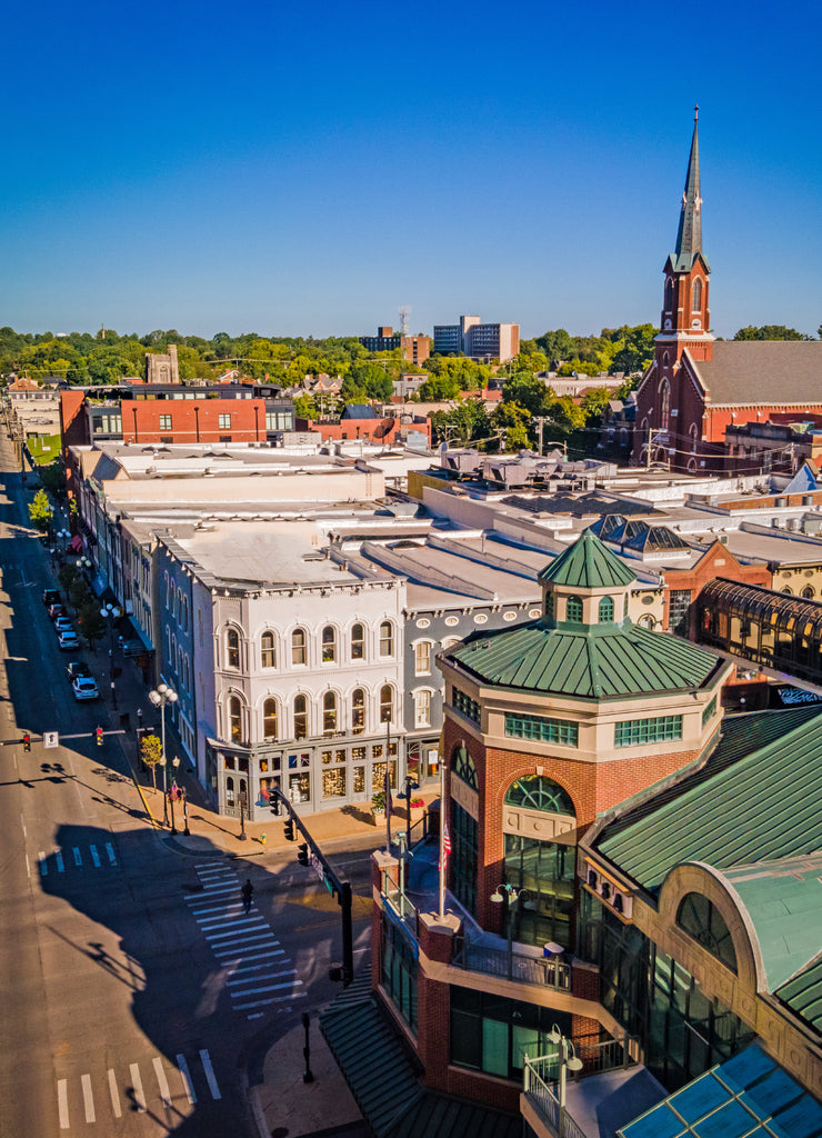 A view towards square shopping center in downtown Lexington, Kentucky during bright, sunny day