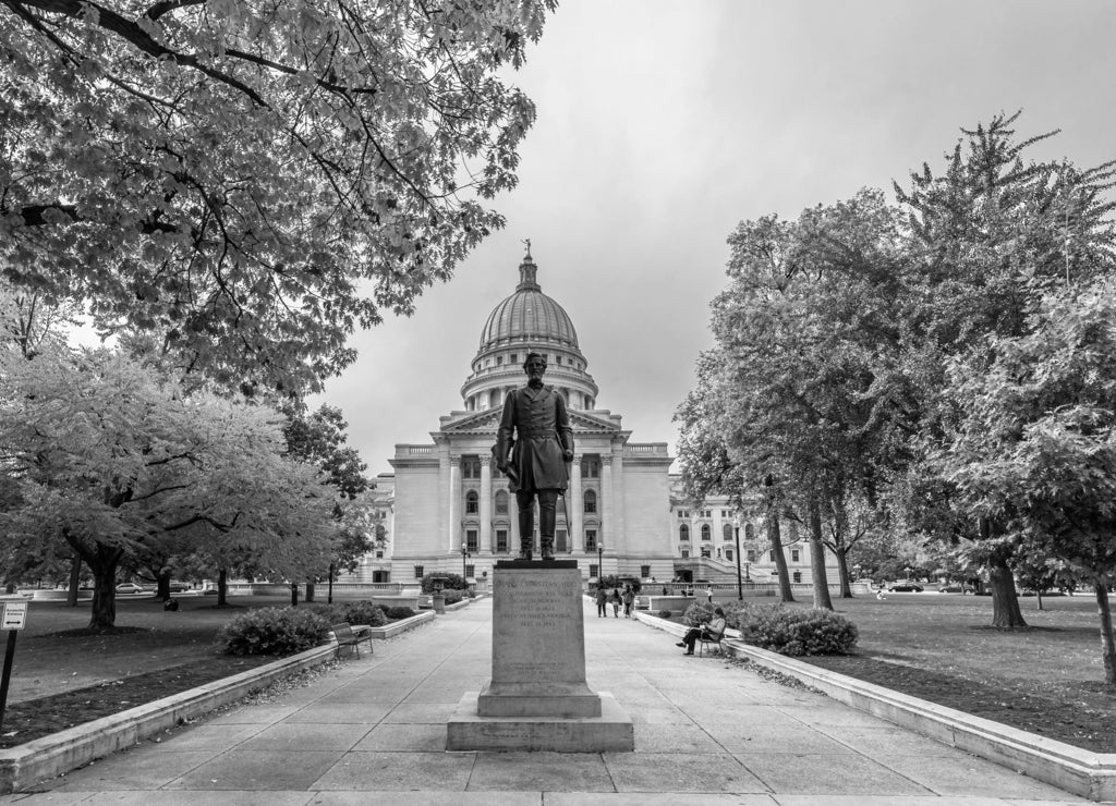 Wisconsin State Capitol view in Madison City of USA in black white