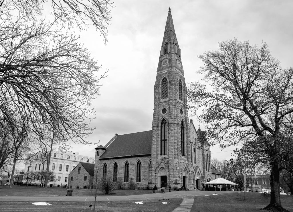 Goshen, New York: a landscape view of the historic First Presbyterian Church in Goshen. The church was built in 1871 and is the tallest structure in Orange County, New York in black white