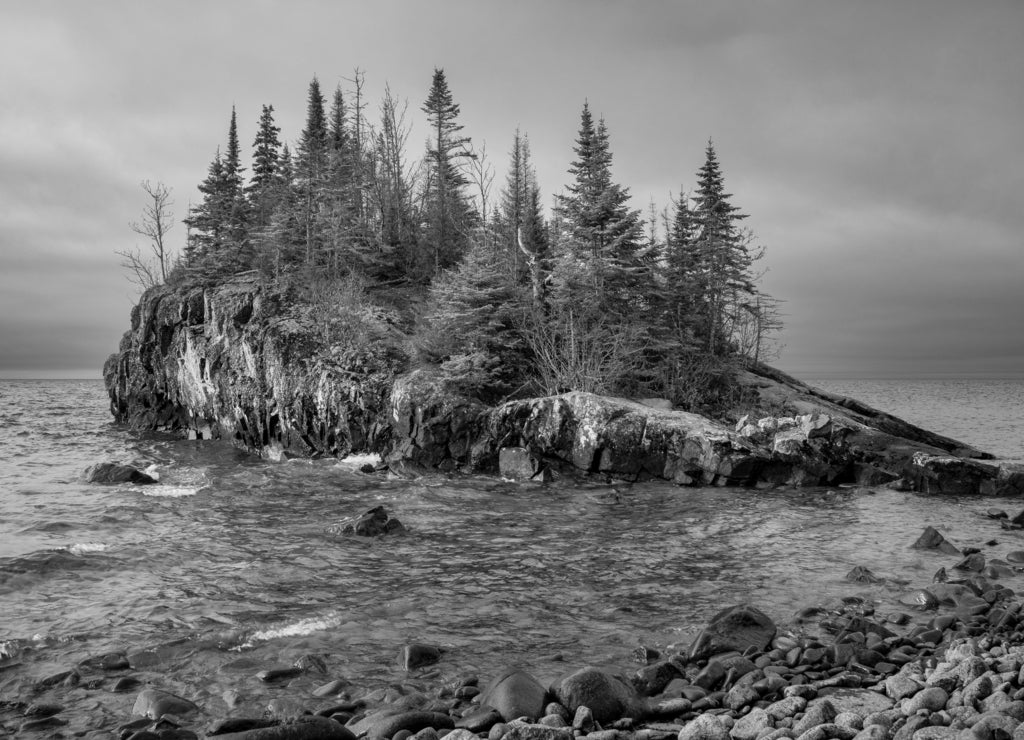 Tombolo island on the North Shore of Lake Superior, Minnesota in black white