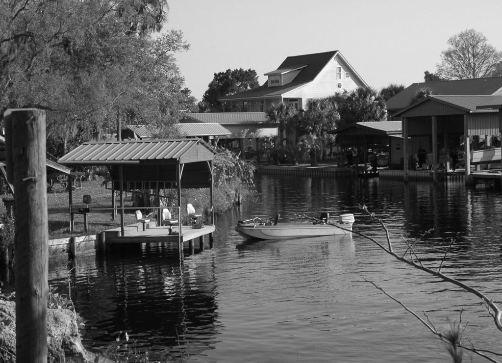 Suwannee River Canal, Suwannee, Florida in black white