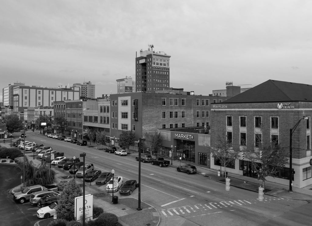 Aerial of Downtown Huntington, West Virginia in black white