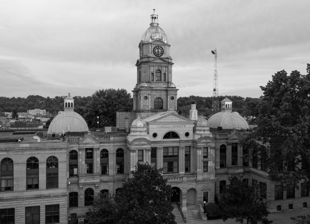 Aerial of Historic Cabell County Courthouse - Downtown Huntington, West Virginia in black white