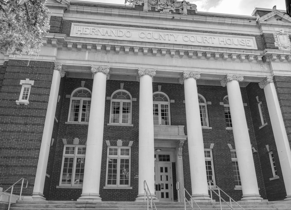 Hernando County Courthouse historic building - Brooksville, Florida, USA in black white