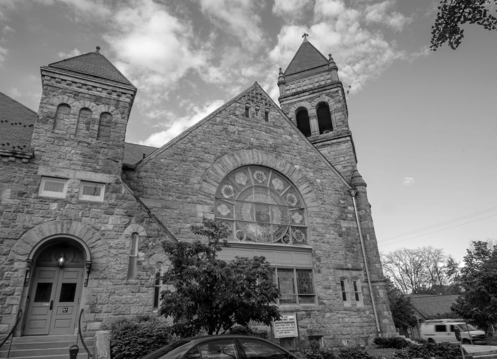 Kingston, New York: View of the St James United Methodist Church in the Kingston Stockade District in black white