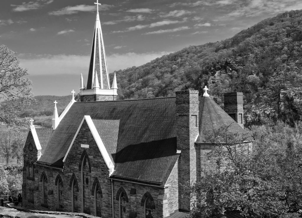 View of Saint Peters Church, Harpers Ferry, West Virginia in black white