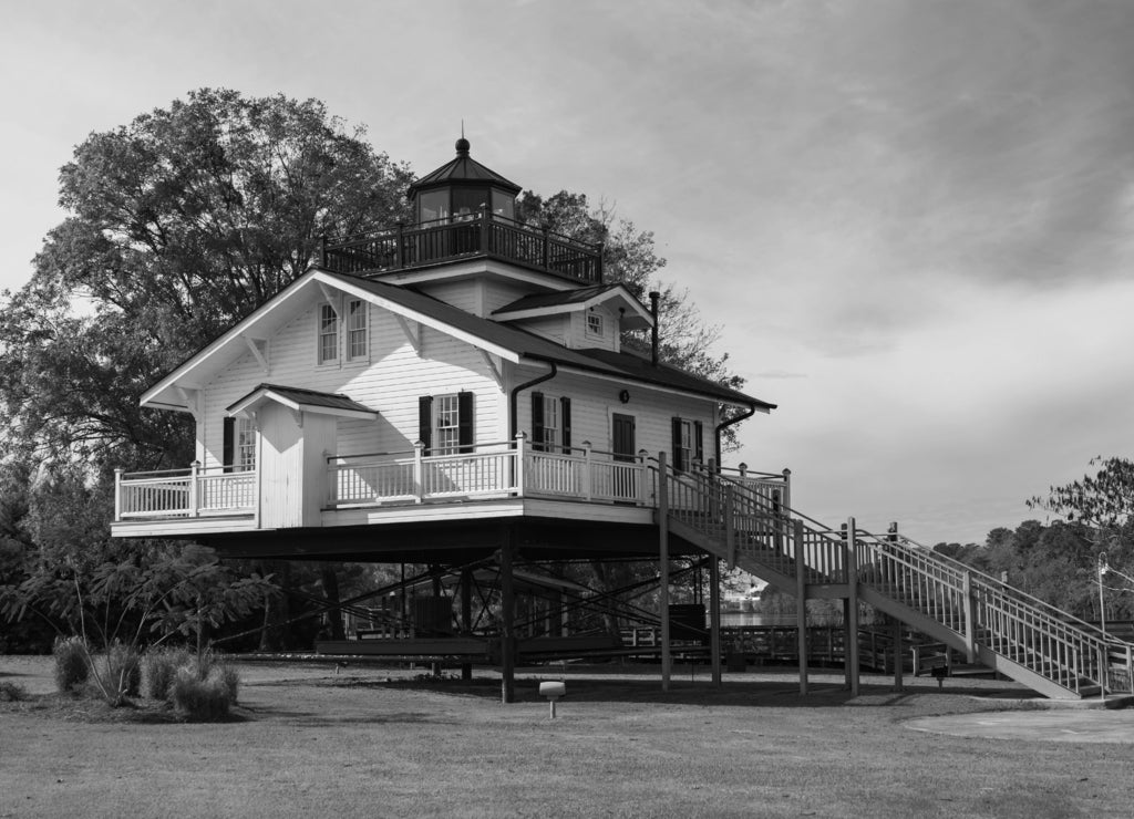 Roanoke River Lighthouse, North Carolina, USA in black white