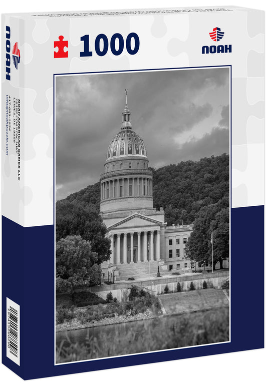 The West Virginia State Capitol and Kanawha River, in Charleston, West Virginia in black white