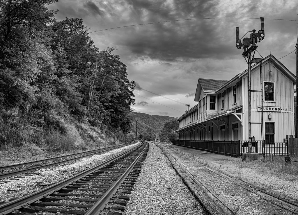 Thurmond Ghost Town Train Depot, West Virginia in black white