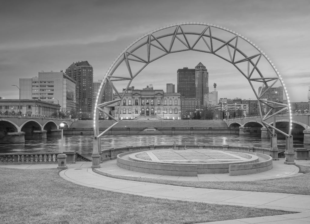 Downtown Des Moines city skyline cityscape of Iowa and public park in USA in black white