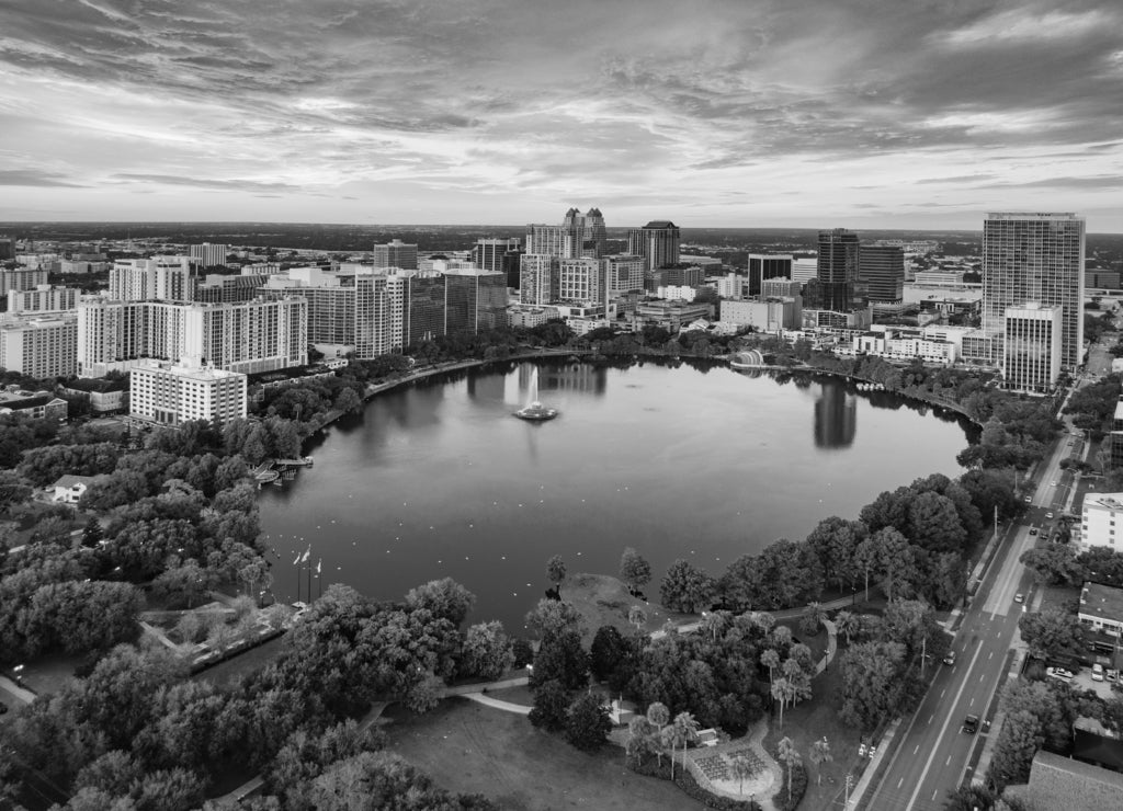 Orlando, Florida, USA Downtown Drone Skyline Aerial in black white
