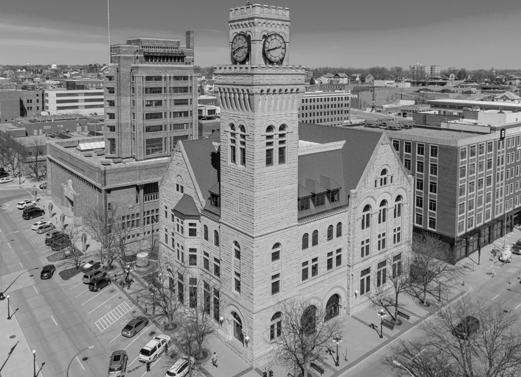 Sioux City Iowa City Hall Building Aerial View in black white