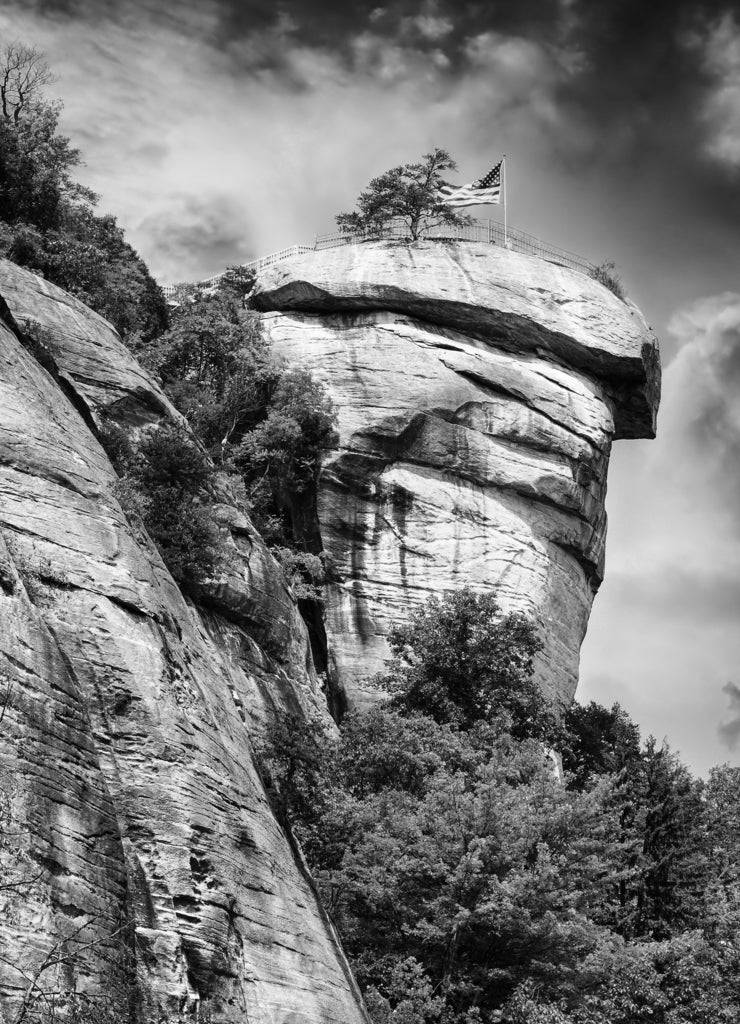 Chimney Rock at Chimney Rock State Park in North Carolina, USA in black white