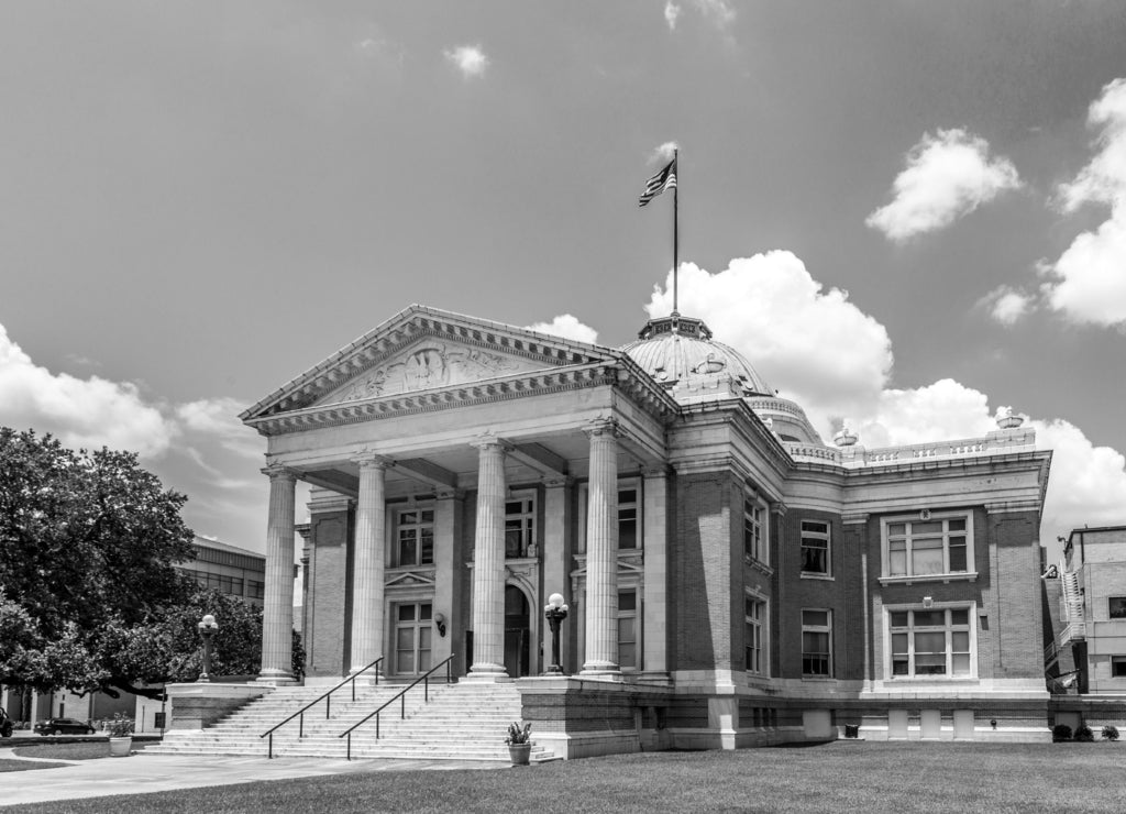 Famous historic city hall in Lake Charles, Louisiana in black white