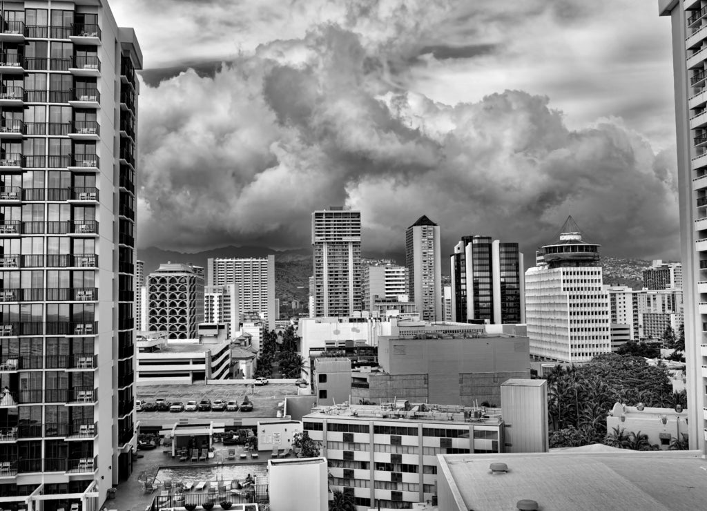 Waikiki, Hawaii Skyline in black white