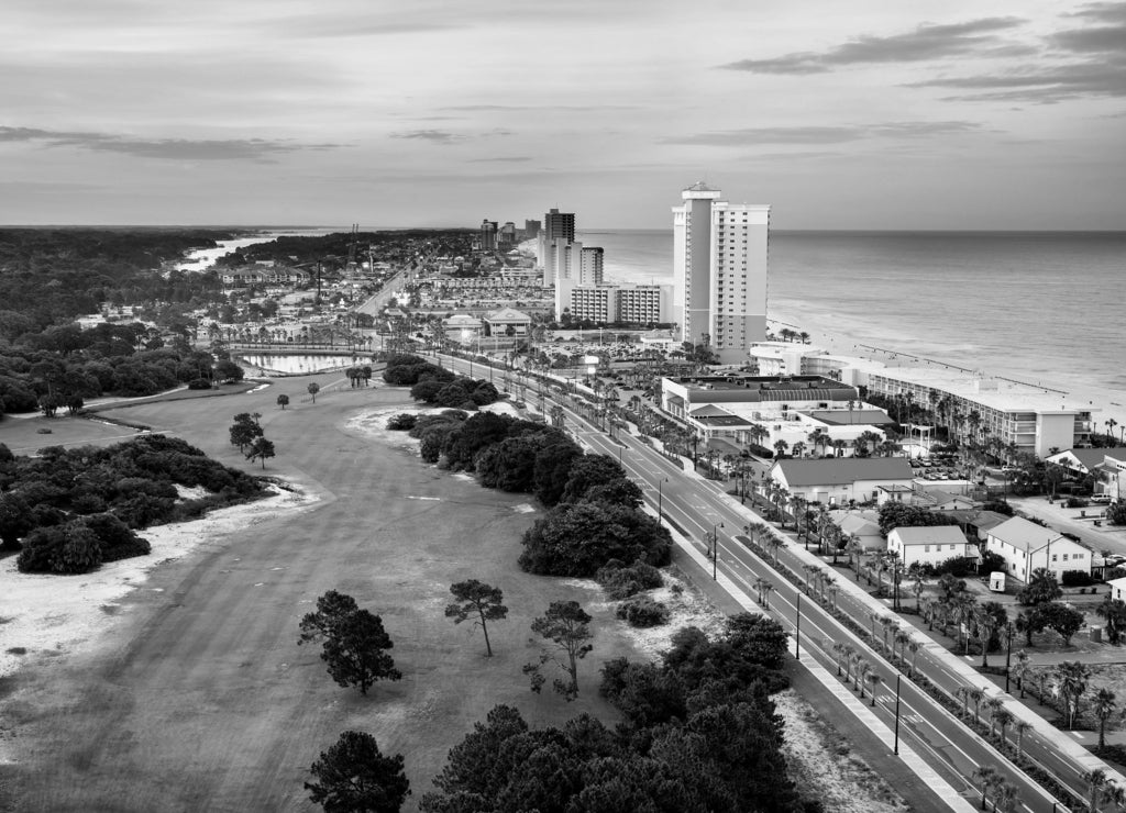 Panama City Beach, Florida, view of Front Beach Road at sunrise in black white
