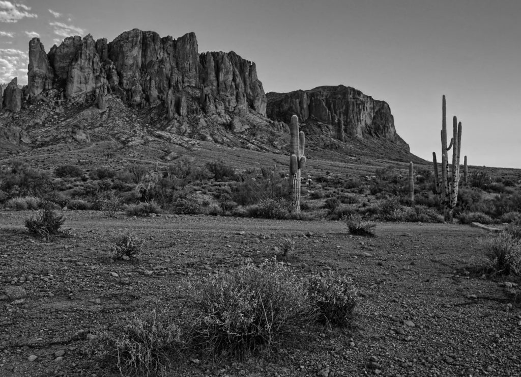 Desert sunset with mountain near Phoenix, Arizona, USA in black white