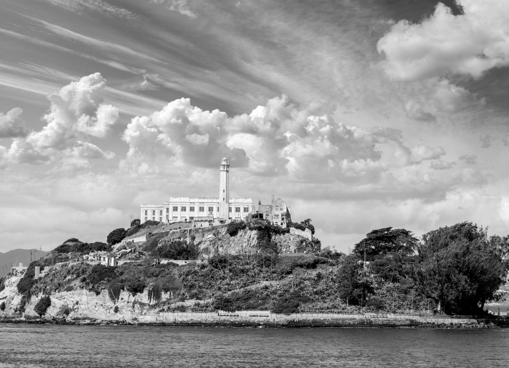 Alcatraz Island in San Francisco, USA, California in black white
