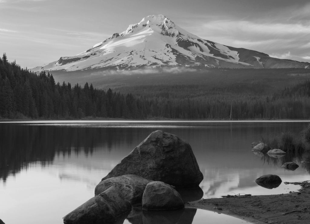 Volcano mountain Mt. Hood, in Oregon, USA in black white