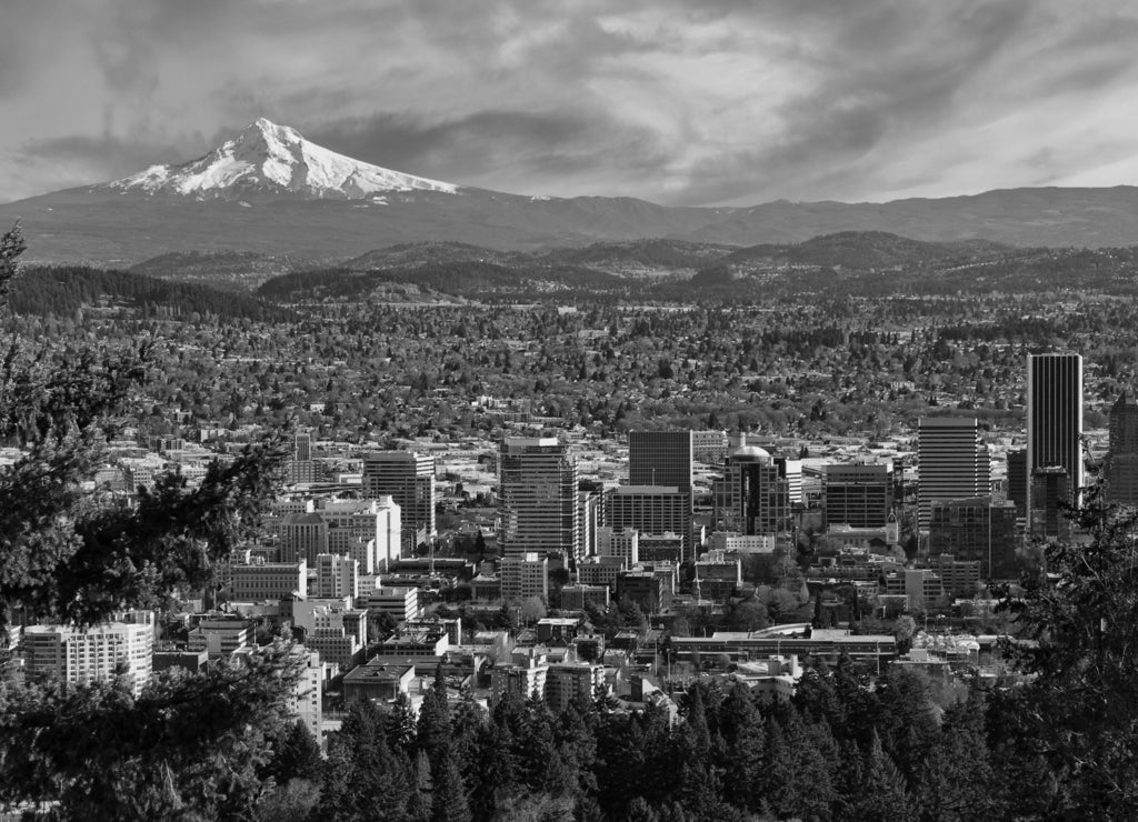 Beautiful Vista of Portland, Oregon in black white
