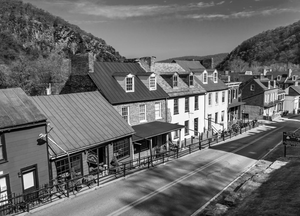 View of historic buildings and shops on High Street in Harper's Ferry, West Virginia in black white