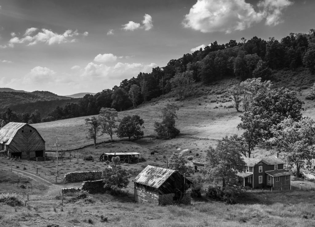 View of a farm in the rural Potomac Highlands of West Virginia in black white