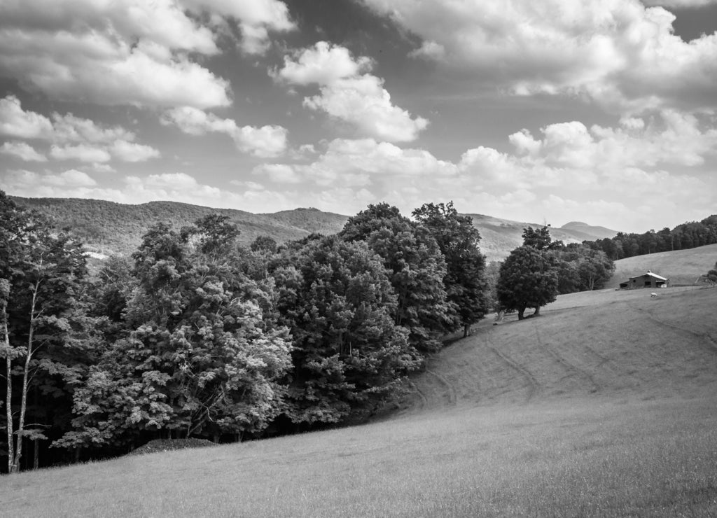 View of fields and distant mountains in the rural Potomac Highlands, West Virginia in black white