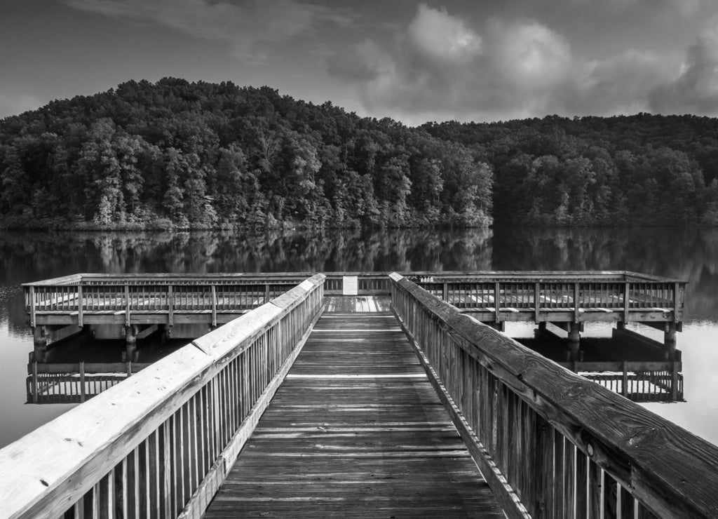 Small pier at Lake Oolenoy, Table Rock State Park, South Carolina in black white
