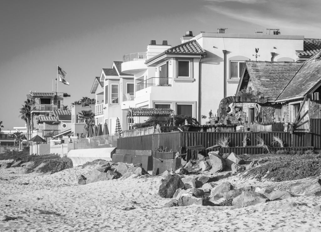 Beachfront homes in Imperial Beach, California in black white