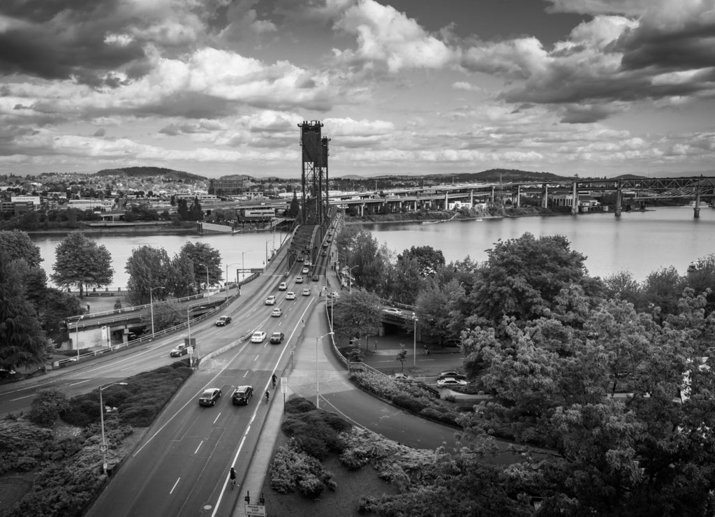 View of the Williamette River and Hawthorne Bridge, in Portland, Oregon in black white