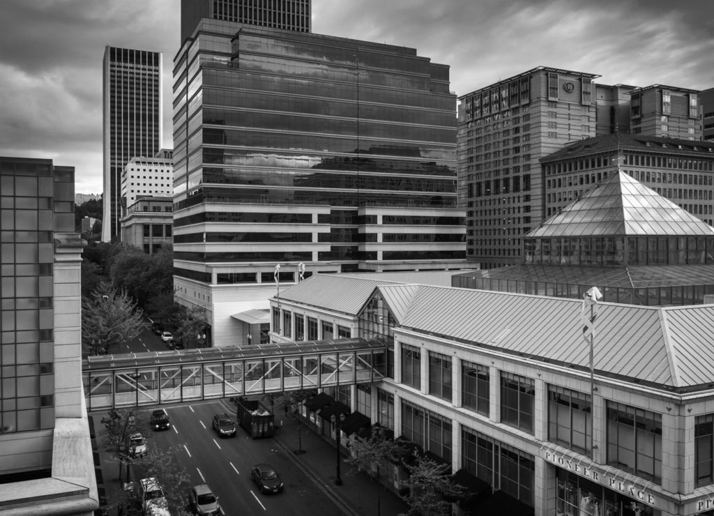 View of 4th Avenue and Pioneer Place in Portland, Oregon in black white