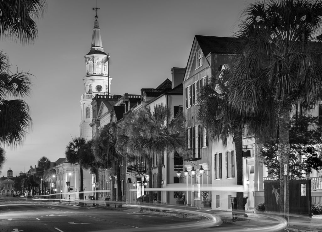 Charleston Townscape, South Carolina in black white
