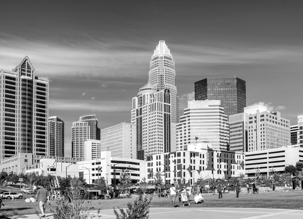 Charlotte, North Carolina. United States. Panoramic view at the uptown skyline in black white