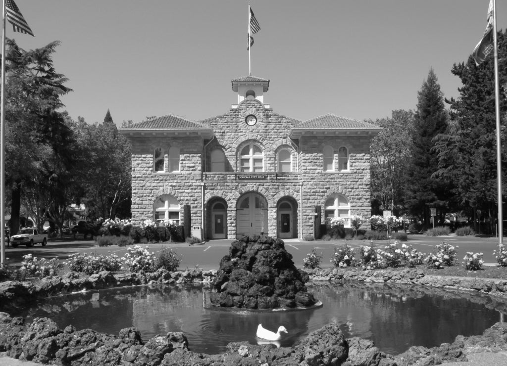 City Hall of Sonoma at the center of Sonoma Plaza, California, USA in black white
