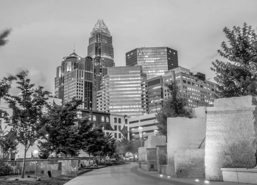 Charlotte North Carolina city skyline in downtown in black white