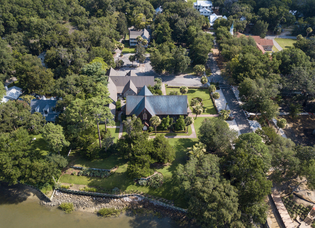 Aerial view of Bluffton, South Carolina including historic houses and Church of the Cross