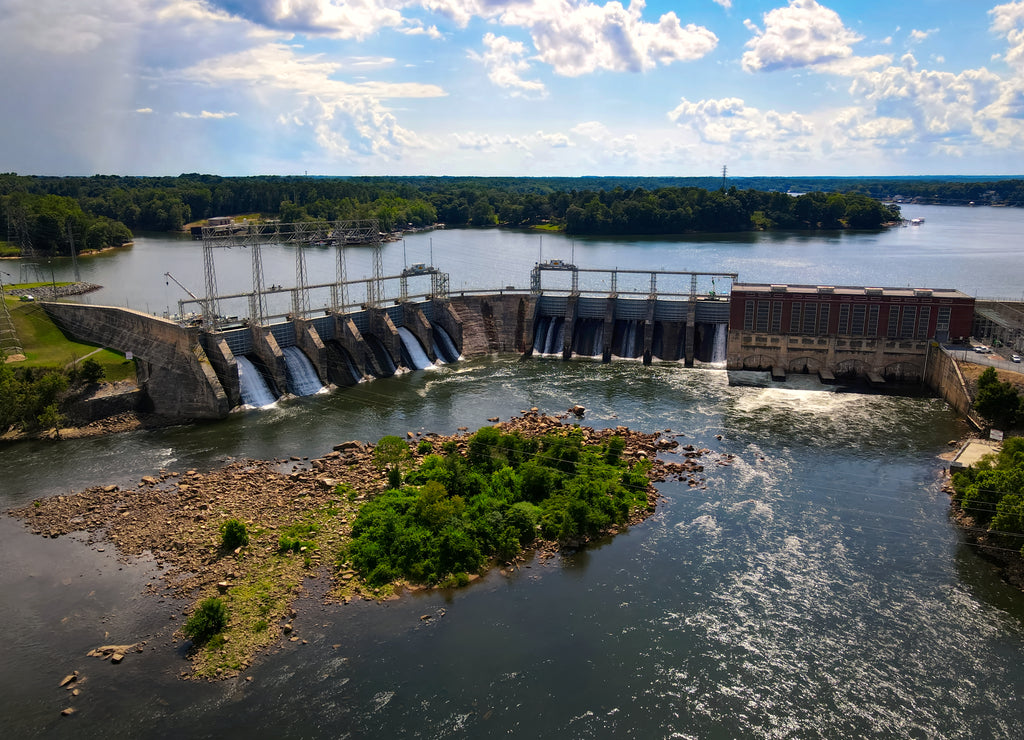 An aerial view of a large dam on the Catawba river in South Carolina, USA