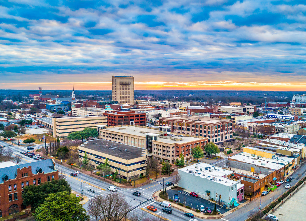 Main Street Drone Panorama of Spartanburg, South Carolina, USA