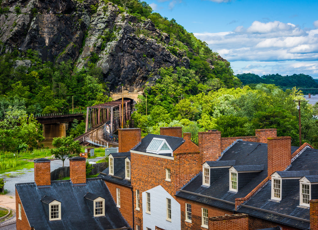 View of historic buildings and a railroad tunnel in Harpers Ferry, West Virginia