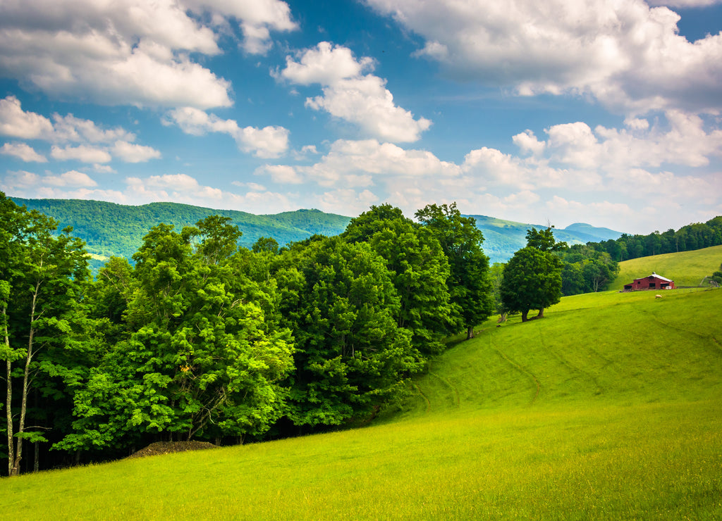 View of fields and distant mountains in the rural Potomac Highlands, West Virginia