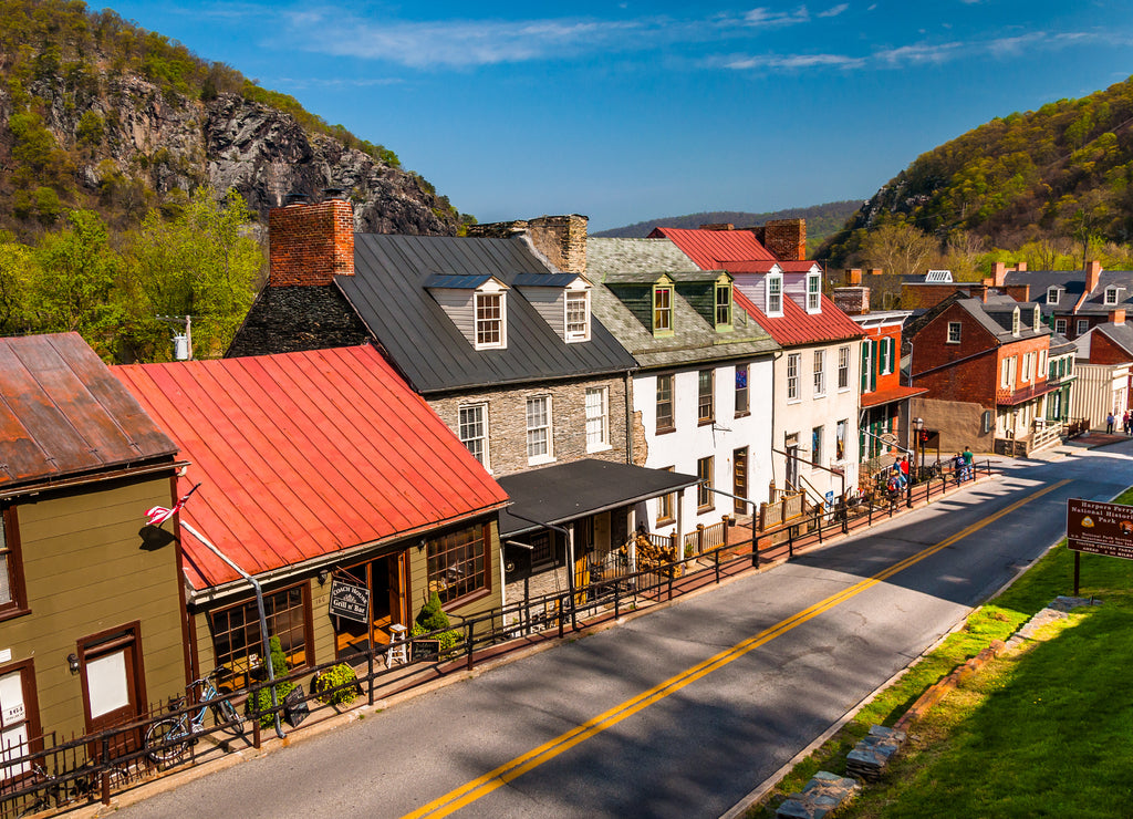View of historic buildings and shops on High Street in Harper's Ferry, West Virginia