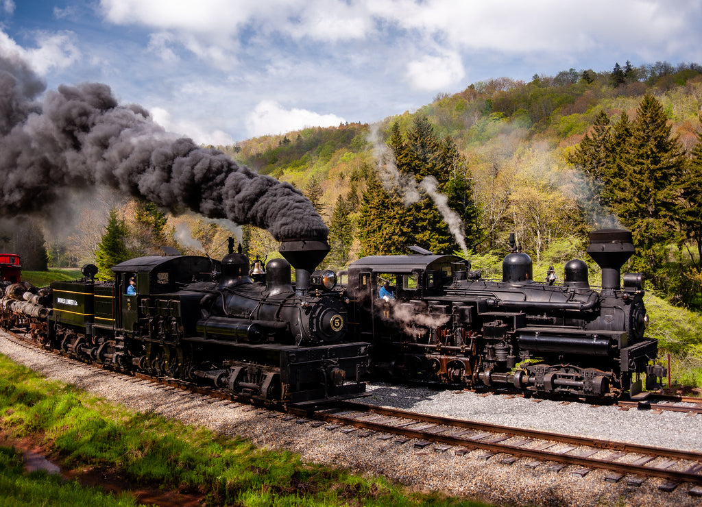 Antique Steam Shay Locomotive Trains + Billowing Smokestack - Historic Cass Scenic Railroad - West Virginia